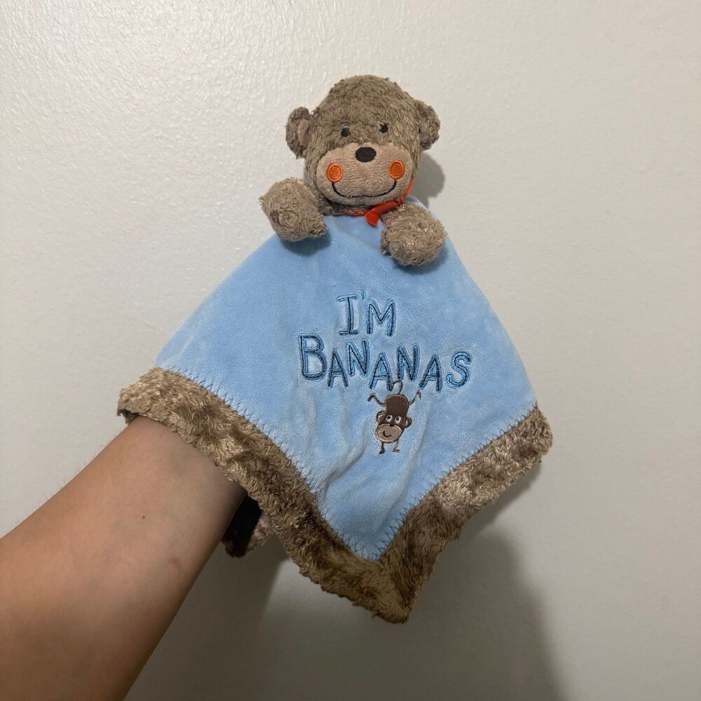 Carter’s monkey I’m bananas plush lovey security blanket blue & brown satin back